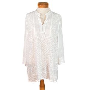 Chico’s Ivory Embroidered Semi Sheer Crepe Tunic Bathing Suit Cover-Up C…